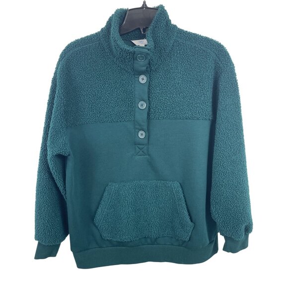 Time and Tru Womens Large Green French Terry Faux Sherpa Pullover Top Sweatshirt - Picture 1 of 8